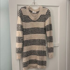 Fuzzy Striped Sweater Dress in Cream and Black